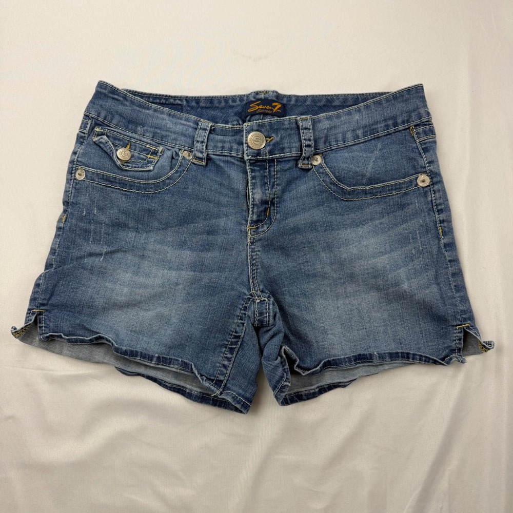 Seven7 Denim Shorts Womens 12 Blue Medium Wash Stretch Embroidered Flap Pocket